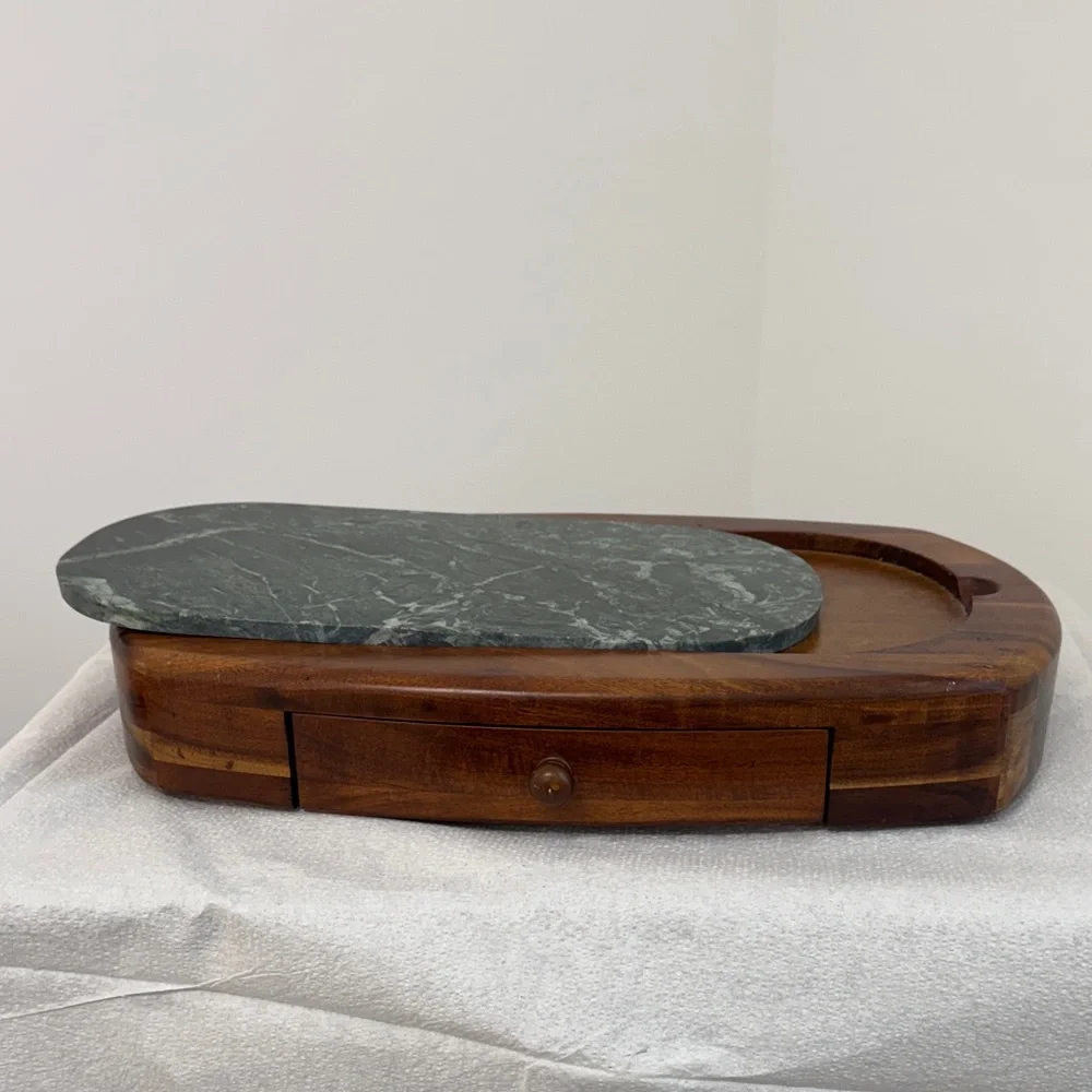 Elegant Hampton Forges Wooden Cheese Tray with Marble Inlay and Storage Drawer
